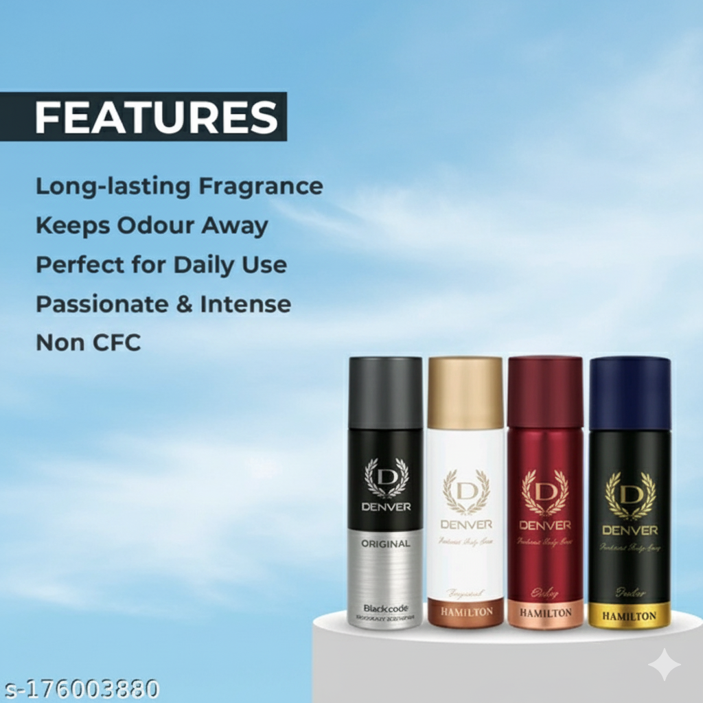 Denver Men’s Deodorant Body Spray – Long-lasting Fragrance, Pack of 4